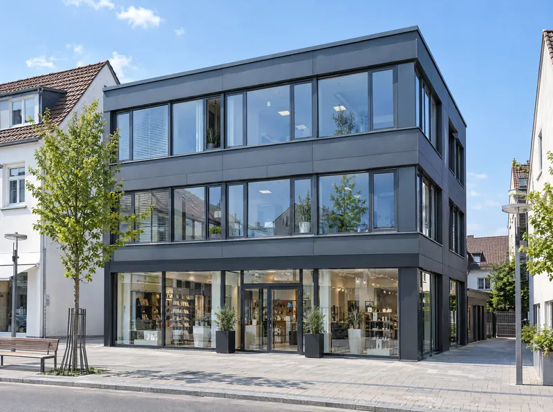 Modernes Geschäftshaus mit Ladenlokal im Erdgeschoss und Büros darüber