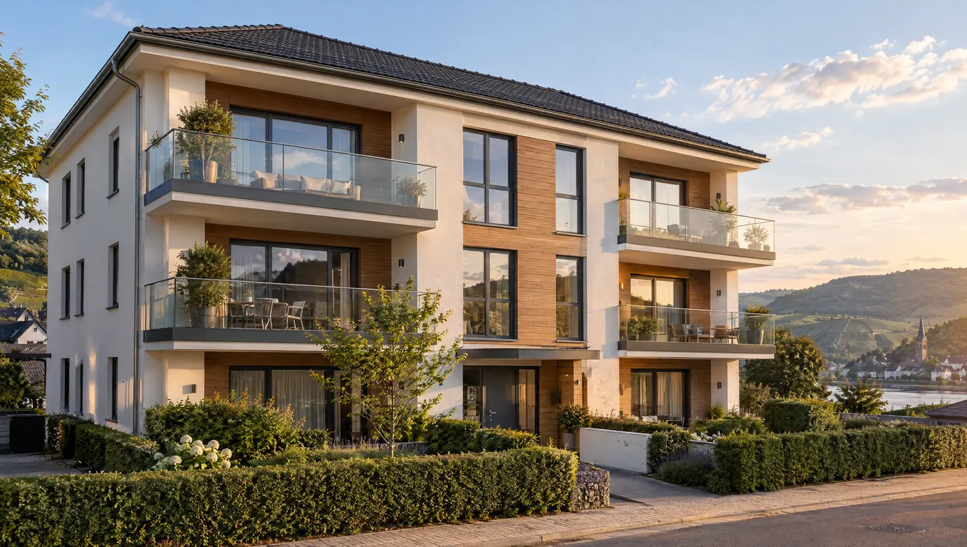 Modernes Mehrfamilienhaus mit Balkonen im Abendlicht