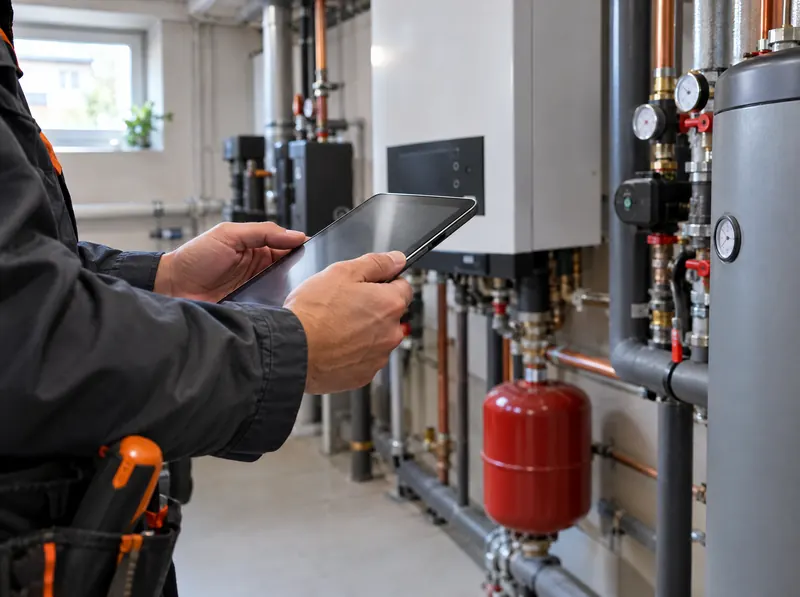 Techniker prüft mit einem Tablet die Heizungsanlage im Keller