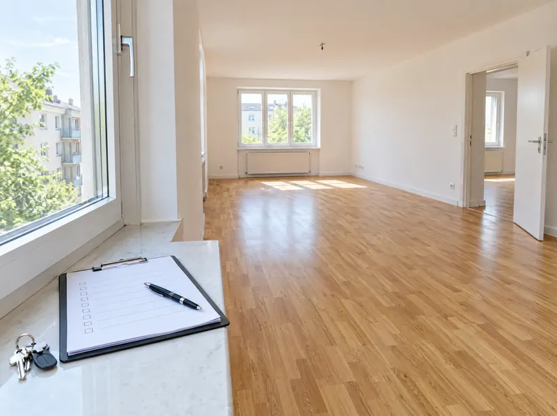Frisch renovierte, leere Wohnung mit Übergabeprotokoll und Schlüsseln auf der Fensterbank