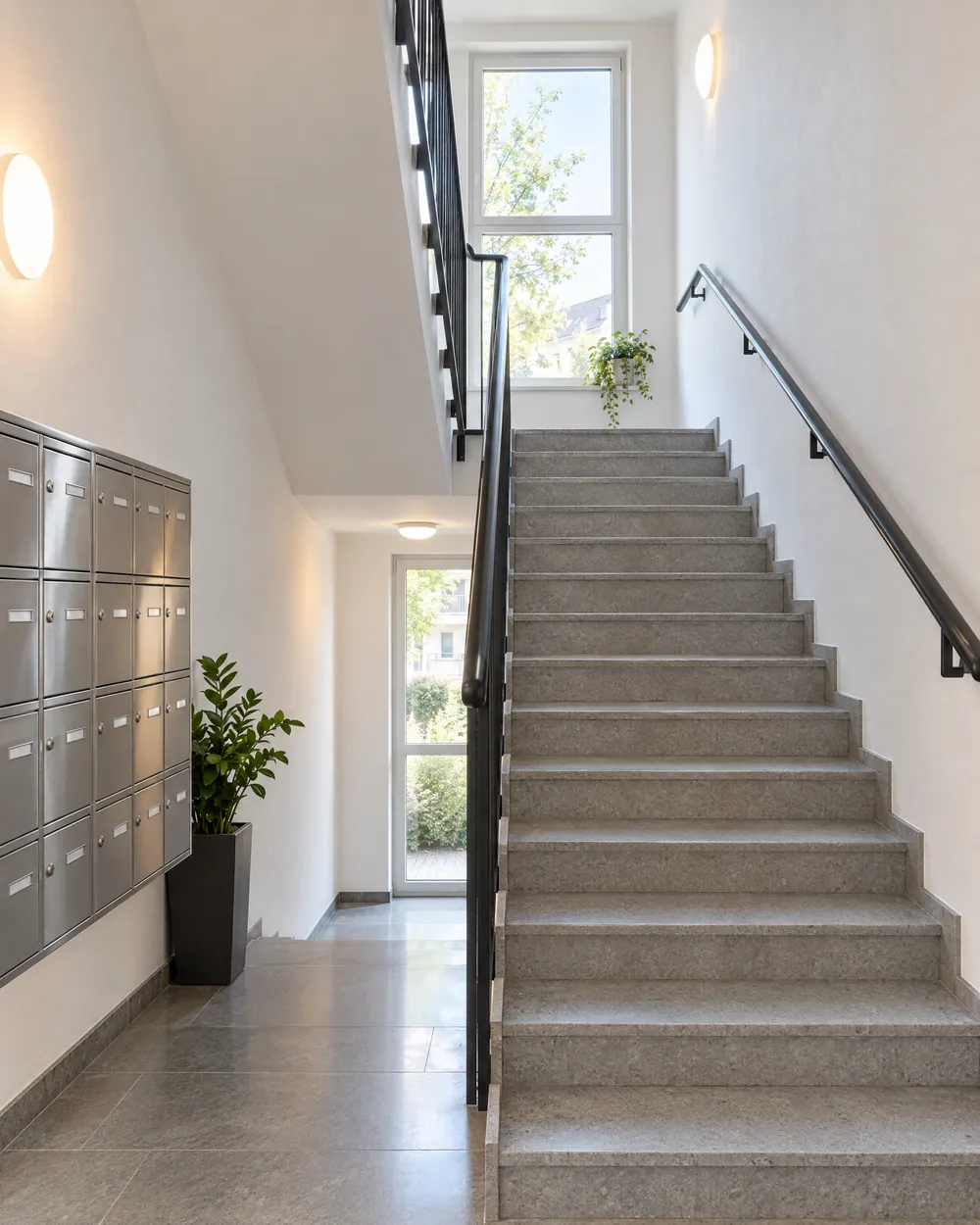 Helles, gepflegtes Treppenhaus mit Briefkastenanlage